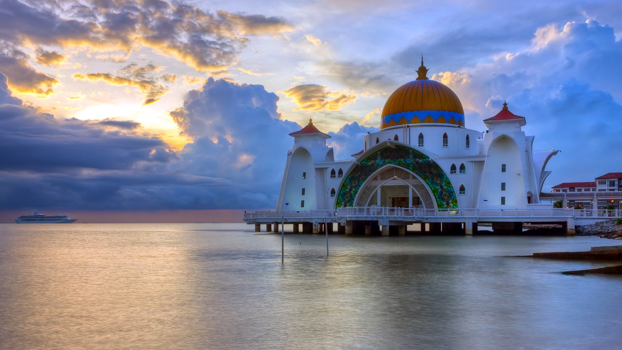 malacca straits mosque malaysia sea landscape
