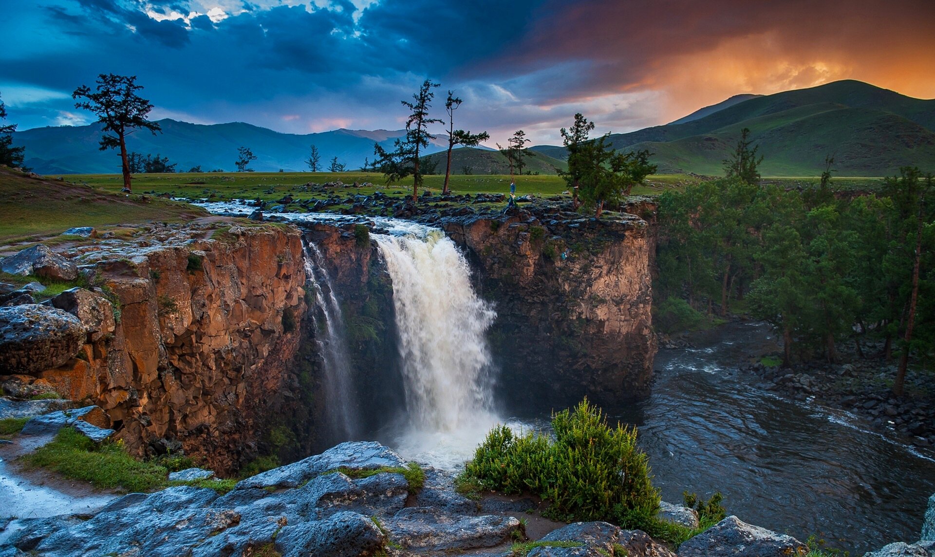 mongolia sky clouds sunset river waterfall tree mountain nature