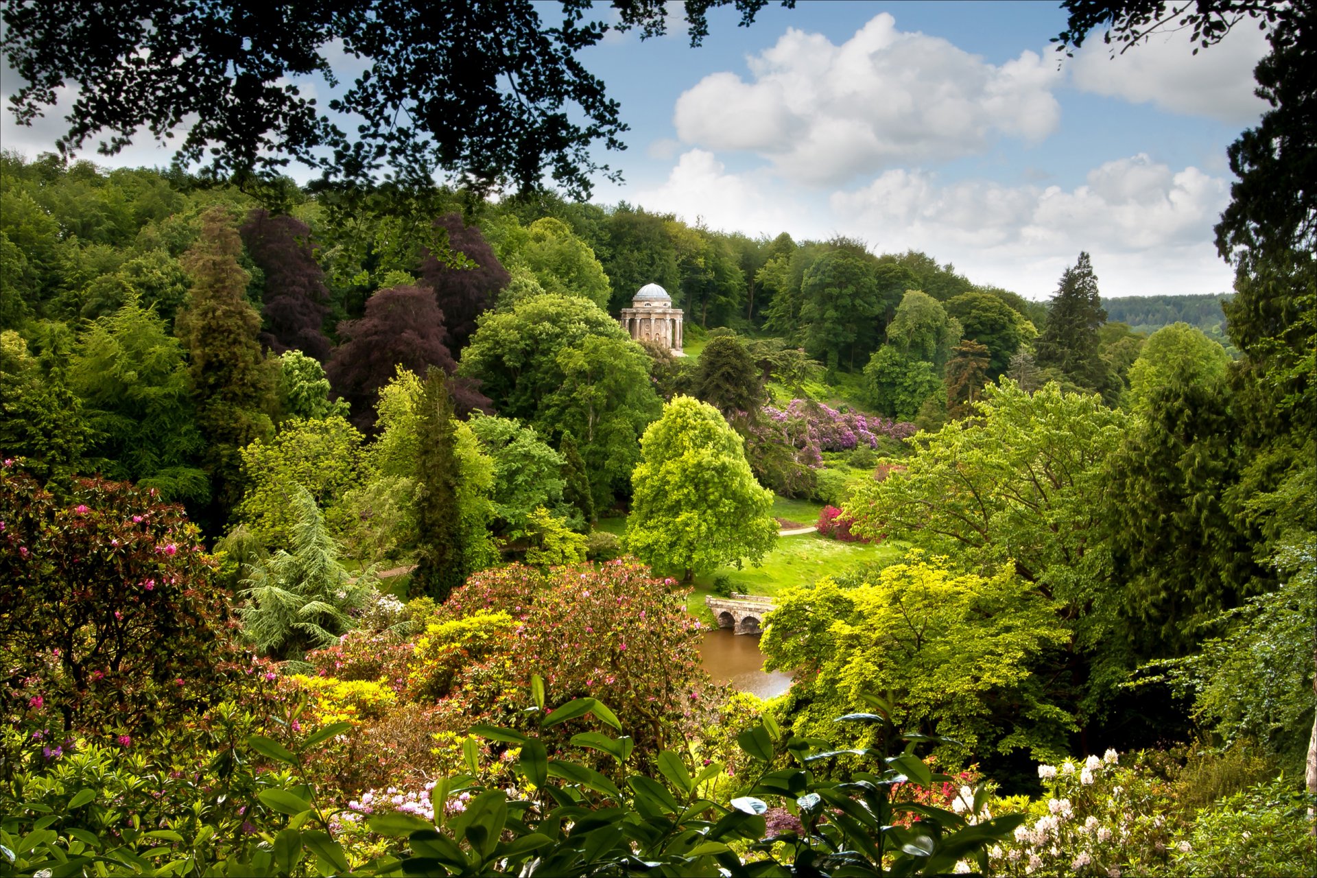 wiltshire england lake pond bridge tree park sky clouds grass