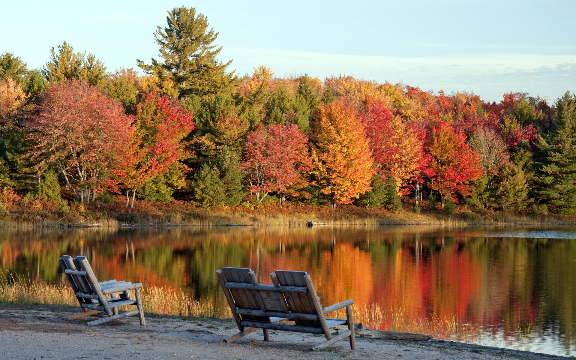 lake armchairs autumn landscape